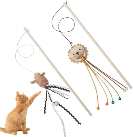 2-Pack Cat Toy Wand Set: Interactive Cat Teaser Wands with Bells and Streamers to Engage Your Cat’s Natural Instincts (Lion and Mouse)