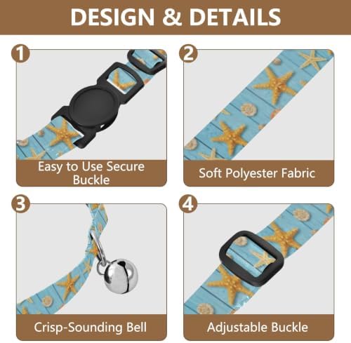 Starfish Seashells Blue Wooden Puppy Collar with Bell 2 Pack Kitten Collar Adjustable Length 10.6" to 17.1"