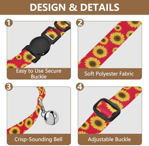 Sunflower Red Cat Collars 2 Pack Soft Polyester Pet Collar Adjustable 10.6 to 17.1 Inches