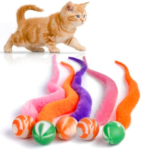 Bouncy Ball with Tail Cat Toys,5 Packs Magic Worm with Large Colorful Ball Toy for Cats,Fuzzy Worm Bouncy Balls Cat Toy