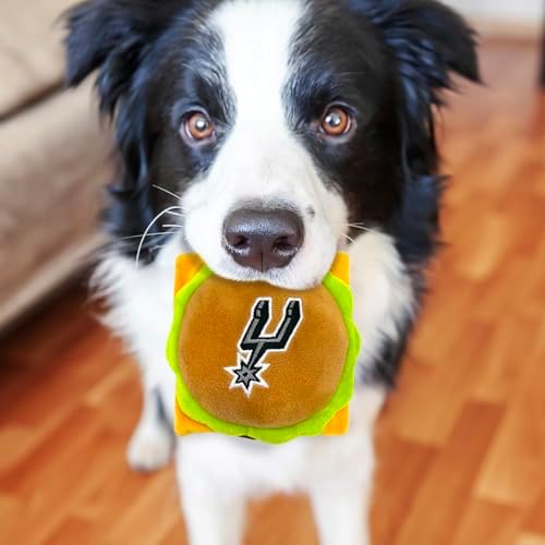 Pets First NBA San Antonio Spurs Cheese Burger Plush Dog & CAT Squeak Toy - Cutest Stadium HAMBERGER Snack Plush Toy for Dogs & Cats with Inner Squeaker & Beautiful Basketball Team Name/Logo