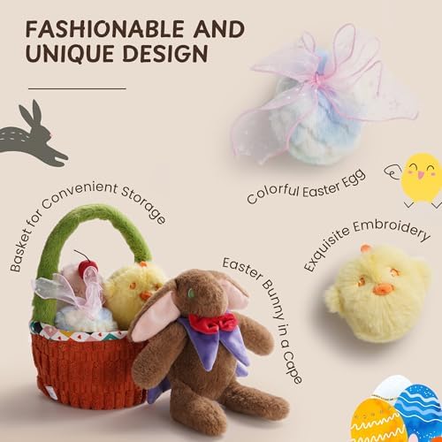 Nocciola Basket Dog Toys - Durable Stuffed Plush Bunny Dog Squeaky Toys for Small, Medium and Large Breeds, Easter Basket with Egg & Rabbit & Chick & Cake Puppy Toy