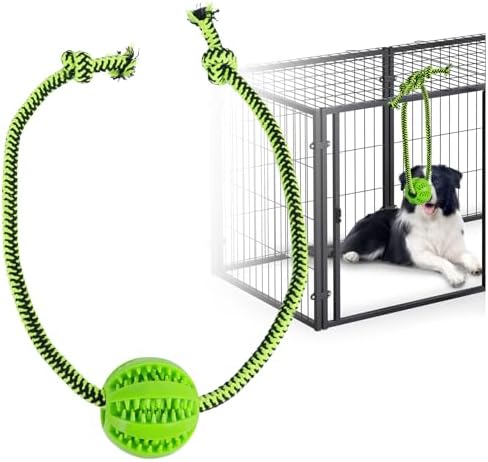 Engaging Chew Toys for Dogs - Puppy Crate Training Aids, Puzzle Treat Dispenser with Rope Ball for Reducing Stress and Anxiety, Compatible with Peanut Butter Treats (Green)