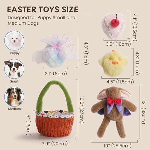 Nocciola Basket Dog Toys - Durable Stuffed Plush Bunny Dog Squeaky Toys for Small, Medium and Large Breeds, Easter Basket with Egg & Rabbit & Chick & Cake Puppy Toy