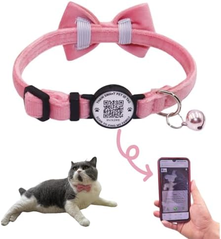 THAIN Personalized Cat Collar with Bell and Bowtie Breakaway QR Code Name Smart ID tag Quick Release Soft Comfortable Collar for Cats and Kittens (Pink)