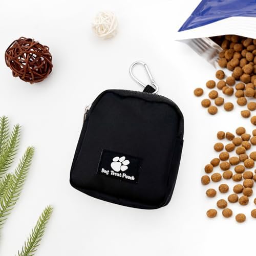 Waterproof Dog Treat Pouch with Built-in Poop Bag Dispenser, Large Capacity Dog Training Bag with Adjustable Shoulder Strap (Black)
