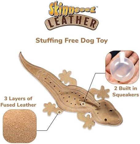 SPOT Skinneeez Leather Lizard – 15" Stuffing-Free Dog Toy with Real Leather & 2 Squeakers, Chew & Toss Toy for Small & Medium Dogs, Best for Light to Moderate Chewers