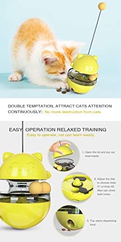 Premium Cat Treat Dispensing Toy, Wobbler Interactive Cat Feeder with Teaser Wand, Adjustable Slow Feeder Ball for Indoor Cats, Kitten Entertainment & Mental Stimulation (Yellow)