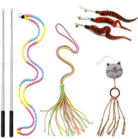 Interactive Cat Wand Toy Set for Indoor Cats, 2 Retractable Teaser Wands with Extra Long String, Handmade Sisal Rope Toys, Worm Refills, Catnip Mouse, 8 Pack