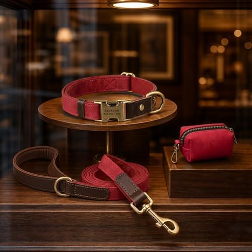 Personalized PU Leather Dog Collars, Quick Release Buckle, Red,S