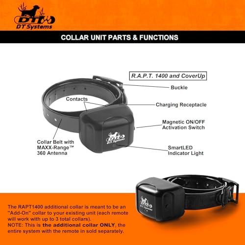 DT SYSTEMS RAPT1400 Additional Collar Receiver for RAPT1400 Dog Training System, Rechargeable Gentle Touch Stimulation Add-On E-Collar - Black