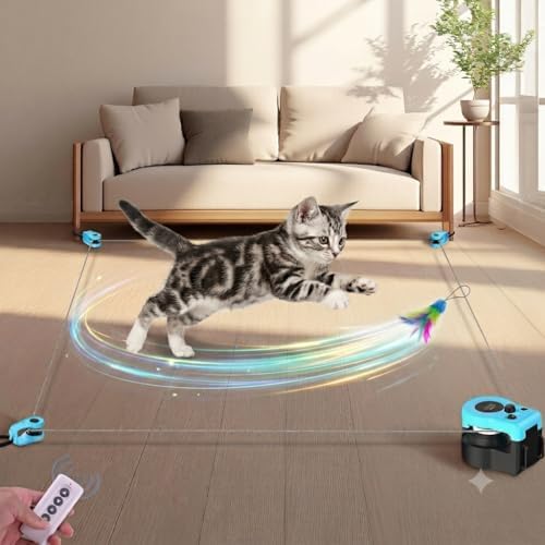 Upgraded Interactive Cat Toy for Indoor, Automatic & Remote Control Cat Chase Toy with Feather Mouse Lure, Adjustable Speed Track, Rechargeable Self-Play Exercise Toy for Bored Cats & Kittens (Blue)