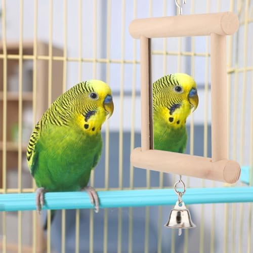Wontee Bird Mirror for Cage Hanging Interactive Toys (Wood color-2pcs)