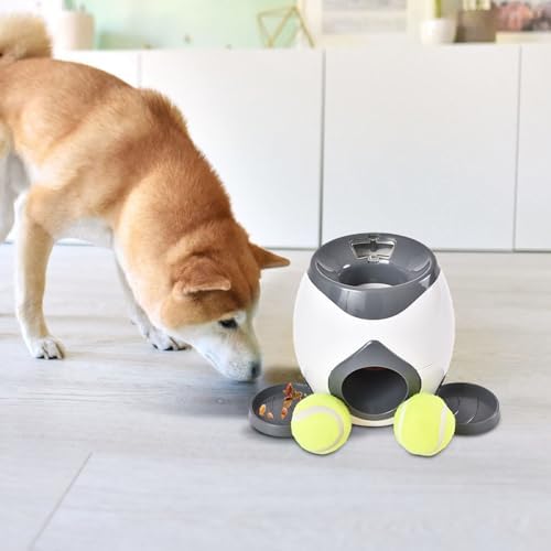 Interactive Dog Training Toy, Dog Tennis Ball Food Reward Machine with Automatic Treat Dispenser, Rechargeable Tennis Ball Throwing Machine for Small to Medium Dogs (Grey)