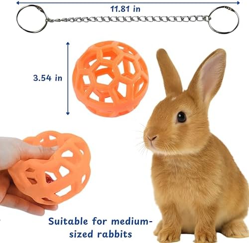 Rabbit Treat Ball Bunny Enrichment Toys with Stainless Steel Hanger Set, Veggie Feeding Rabbit Ball Toy for Bunny Hedgehog Tortoise Guinea Pig Rabbits, Pets Treat Balls Accessories (Orange)