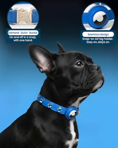 Upgraded AirTag Dog & Cat Collar - Adjustable Diamond-Studded Leather Dog Collar with Quick-Release Buckle | Luxurious Jewelry Accessory for Small, Medium, and Large Dogs & Cats(M (11.5"-15"))