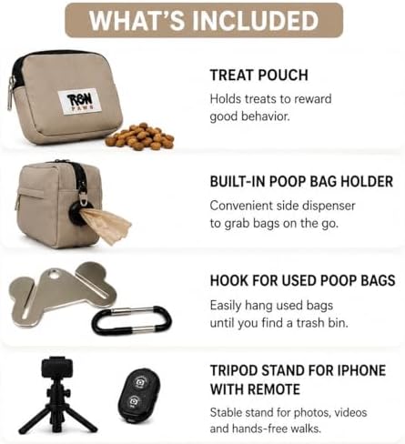 Hands-Free Dog Walking Crossbody for Training, Treat Pouch, Built-in Poop Bag Dispenser, Used Bag Hook & Bonus Tripod (Mocha)