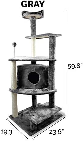 Furhaven 59.8" Tall Cat Tree for Indoor Cats, Ft. Sisal Scratching Posts, Condo, & Toys - Tiger Tough Platform House Interactive Playground Tower - Gray, One Size