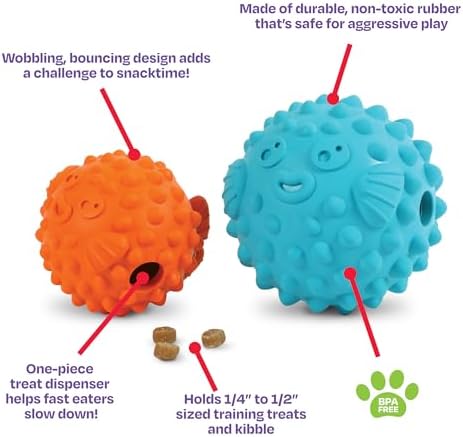 Brightkins Tough & Tumble Treat Dispenser Large Pufferfish - Interactive Dog Toys, Dog Treat Dispenser Toy, Puppy Training Toys, Durable Puzzle Balls for Dogs, Enrichment Slow Feeder Ball