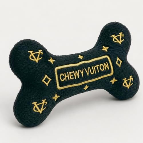 Dog Diggin Designs Chewy Vuiton Noir Plush Dog Toy Bone | Luxury-Inspired Parody Designer Bone with Squeaker, Soft Plush Chew & Play Dog Toy – Prêt-à-Porter Play!