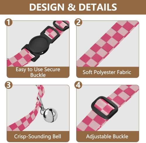 Pink Checkerboard Squares Collars for Cats, 2 Pack Decorative Pet Collar with Bell