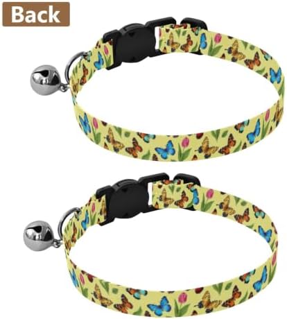 Colorful Butterflies Tulips Yellow Kitten Collar with Bell 2 Pack Pet Collar Adjustable Length 10.6" to 17.1"