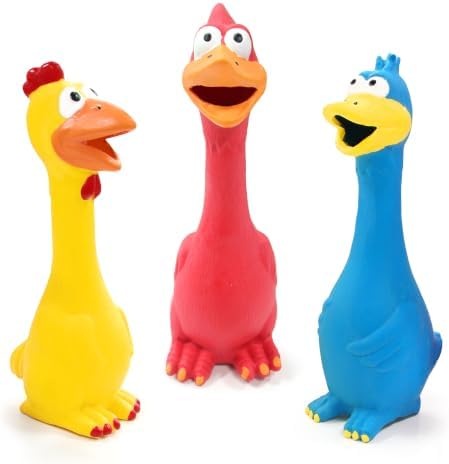 Squeaky Dog Toys 3 Pack, Natural Rubber Squeaky Chicken Rooster & Duck Interactive Chew Toys for Medium Large Dogs