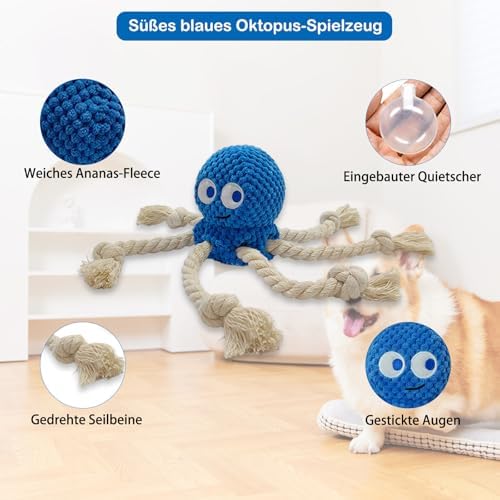 Cute Marine Animal Dog Squeaker Chew Toys, Interactive, Blue Octopus
