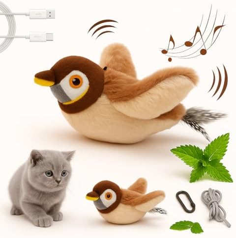 Upgraded 2.0 Flappy Bird Cat Toy – Interactive Flapping & Chirping Bird Toy for Cats (No Flying), Indoor Cat Toy for Exercise & Play, Durable Chew Toy, Catnip Toy for Kitten or Small Dogs (Large 9x3")