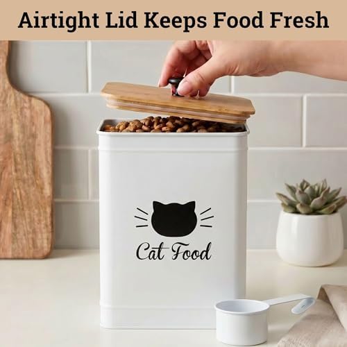 Metal Cat Food Container with Scoop 5-7 lb (25 Cup), w/ Airtight Bamboo Lid