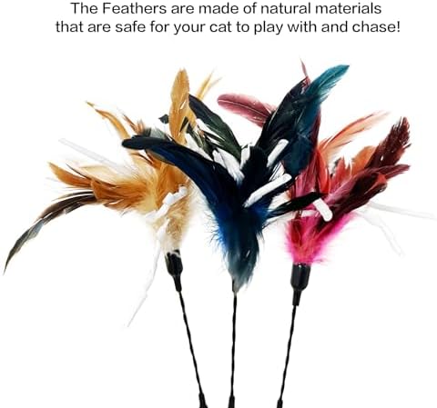 TTcat 3 Pack 22.8" Extra Long Cat Feather Wand Toys, Colorful Interactive Cat Teaser Wands with Flexible Bendable Wire, Natural Feather & Crinkle Paper, Play Toy for Indoor Kittens and Cats.