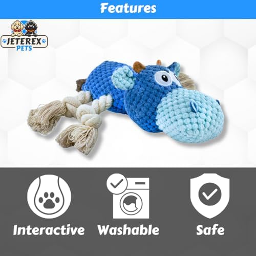 Large Dog Toy - Blue Cow Squeaky Dog Toys for Large Dogs, Medium and Small Dogs. Durable with Pineapple Plush Fabric, Rope Legs, Hidden Seams, Reinforced Stress Points, Embroidered Eyes