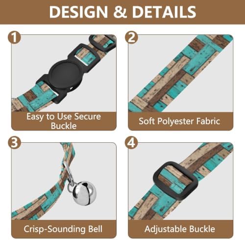 Teal Brown Wood Collar for Cats, 2 Pack Small Dog Collar with Bell