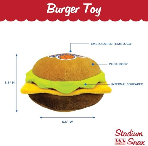 Pets First NBA New York Knicks Cheese Burger Plush Dog & CAT Squeak Toy - Cutest Stadium HAMBERGER Snack Plush Toy for Dogs & Cats with Inner Squeaker & Beautiful Basketball Team Name/Logo, Team Color
