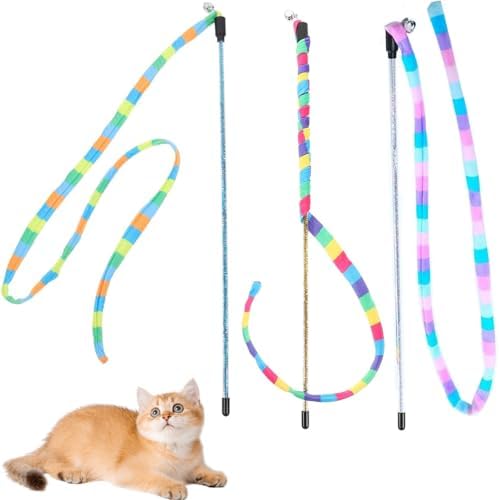 KABASI 3PCS Interactive Cat Rainbow Wand Toys, Cats String Toy Teaser Wand