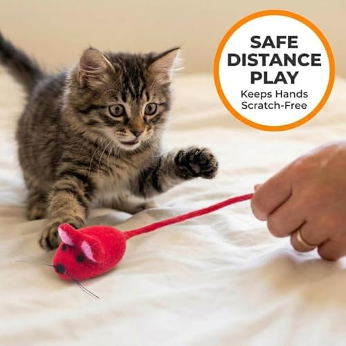 Glaciart One Felt Mouse Cat Toy – Soft Fuzzy Enrichment 100% Natural Wool - Interactive Catnip Play Cat Toy Set - Safe for Pets, Non-AZO Colored Dyes - 42” Long