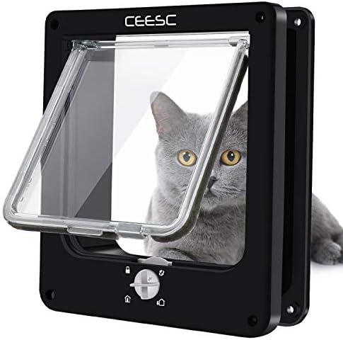 CEESC Medium Cat Door for Interior/Exterior, for Pets <15.75", Black | Rotary 4-Way Lock, Weatherproof, Fits doors 1.26-2.14", Adjustable tunnel depth, Upgraded version