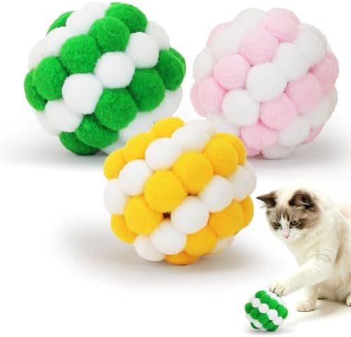 Cat Toy Balls with Crinkle Sound 3-Pack, 2-Inch Soft Plush Pom Pom Balls for Indoor Cats & Kittens, Colorful Fuzzy Interactive Chewing Toys for Hunting Playing, No Catnip