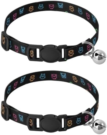 Neon Cute Faces Black Cat Collars 2 Pack Lightweight Small Dog Collar Adjustable Length 10.6" to 17.1"