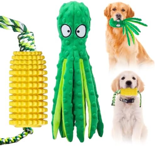 Interactive Dog Toy Bundle - Durable Corn Rubber Chew Toy & Squeaky Octopus Plush Toy, Ideal for Medium & Large Breeds, Teething, and Boredom Relief (2 Pack Corn +Octopus)