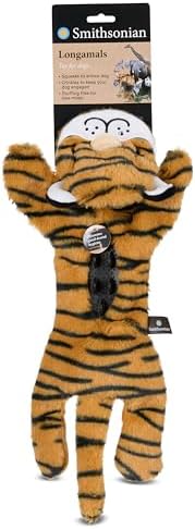 Smithsonian Longamals Tiger Plush Dog Toy – 20" Crinkle & Squeaky, Stuffing-Free Interactive Tug Toy for Medium & Large Dogs