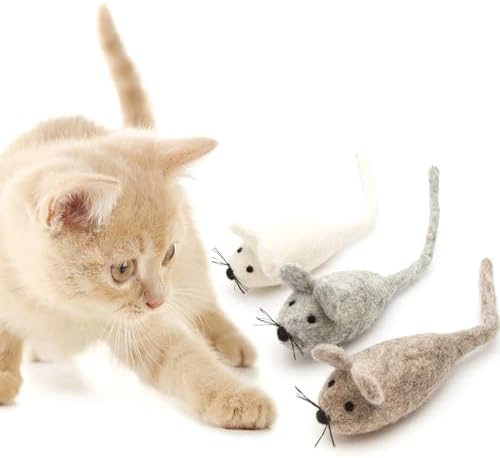 Glaciart One Felt Mouse Cat Toy – 3 Pcs | Soft Fuzzy Enrichment 100% Natural Wool - Interactive Catnip Play Cat Toy Set - Safe for Pets, Non-AZO Colored Dyes