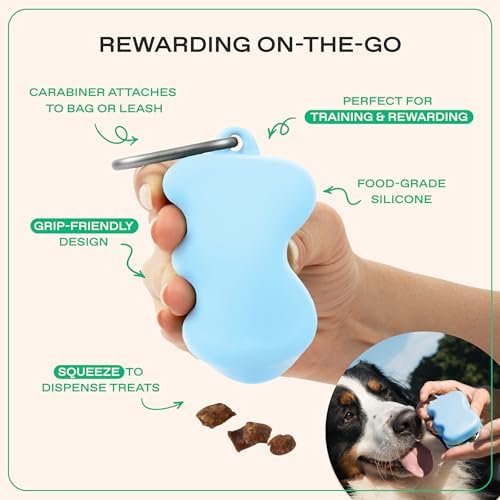 Springland Silicone Dog Training Treat Pouch for Leash, Sky Blue | One-hand squeeze dispenser, food-grade silicone, BPA-free, carabiner included, easy-fill holder for rewards on the go