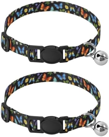 2 Pack Cat Collars Butterflies Flowers Roses Small Dog Collar with Bell, Adjustable Length 10.6" to 17.1"