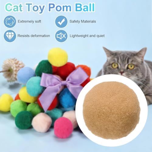 Cat Toy Pom Ball, Interactive Cat Ball Toys Fuzzy Pompoms (Plush, 1.2Inch, 30Pcs, Khaki) for Kittens Pet Enrichment Training Play Indoor