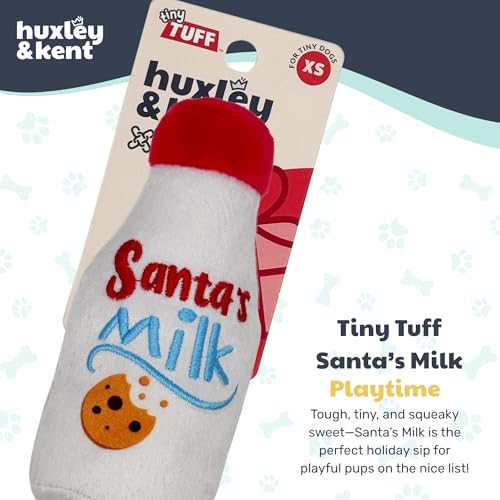 Huxley & Kent Funny Dog Toy w/Squeaker – Holiday Power Plush Squeaky Dog Toys for Small Dogs – Durable Small Stuffed Animal for Indoor Play & Fetch - Tiny Tuff Santa's Milk