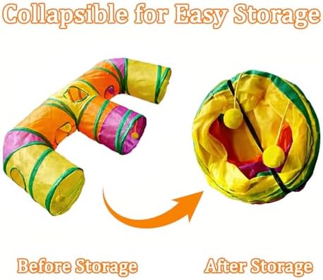 3 Way Collapsible Cat Tunnels with Interactive Ball, E Shape Folded Pet Tube Toy for Indoor Cats, Puppy, Kitty, Kitten, Rabbit