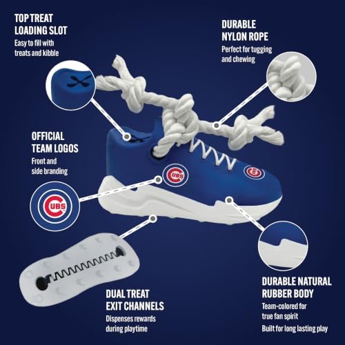MLB Chicago Cubs Cleat Sneaker Spike Dog Toy, Baseball Treat Dispenser Chew Toy for Dogs, Interactive Rope Tug Toy, Slow Feeder Natural Rubber Dog Toy with Official Team Logo