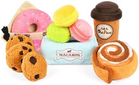 P.L.A.Y. Cute Plush Dog Toys - Pup Cup Cafe Coffee Shop Themed Durable Squeaker Chew Toys for Medium & Large Dogs - Machine Washable, Recycled Materials (5 Piece Set, Medium)
