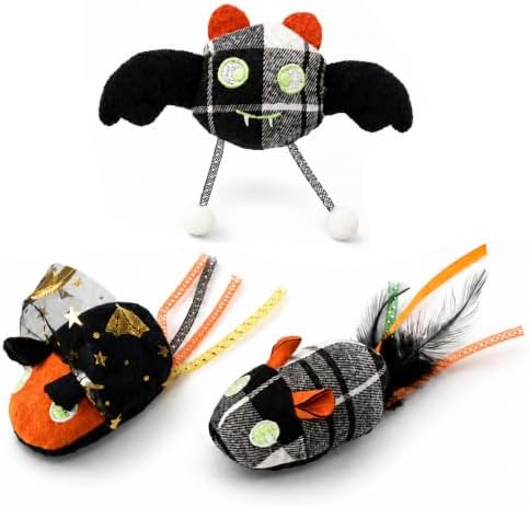 DODODOLA 3 PCS Interactive Cat Toys for Indoor Cats Halloween Mice and Bat Kitten Toys with 100% Pure Organic Catnip Kitty Anxiety Relief Soft Cute Mouse Teething Chew Toys